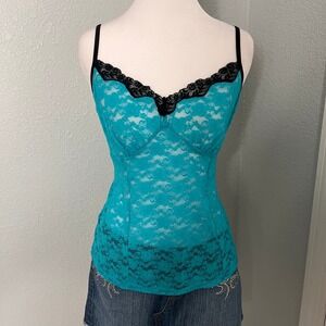 Lace Cami Top Black Trim‎ Teal Blue Lingerie Tank Sexy Clubwear  Size S